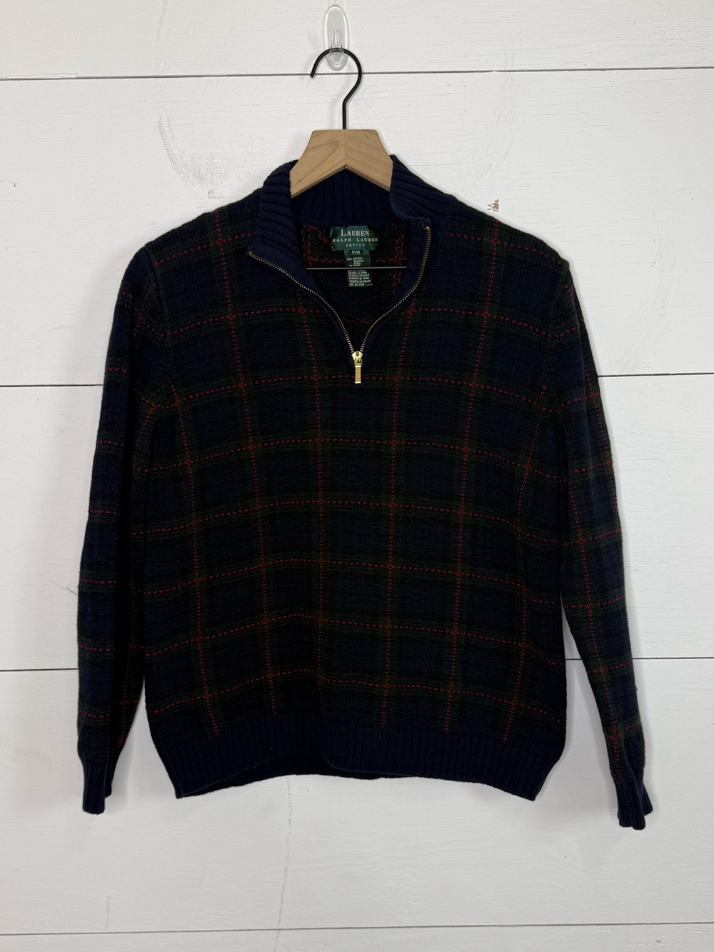Lauren Ralph Lauren • Women’s Navy Plaid Quarter-Zip Sweater Size Petite Medium